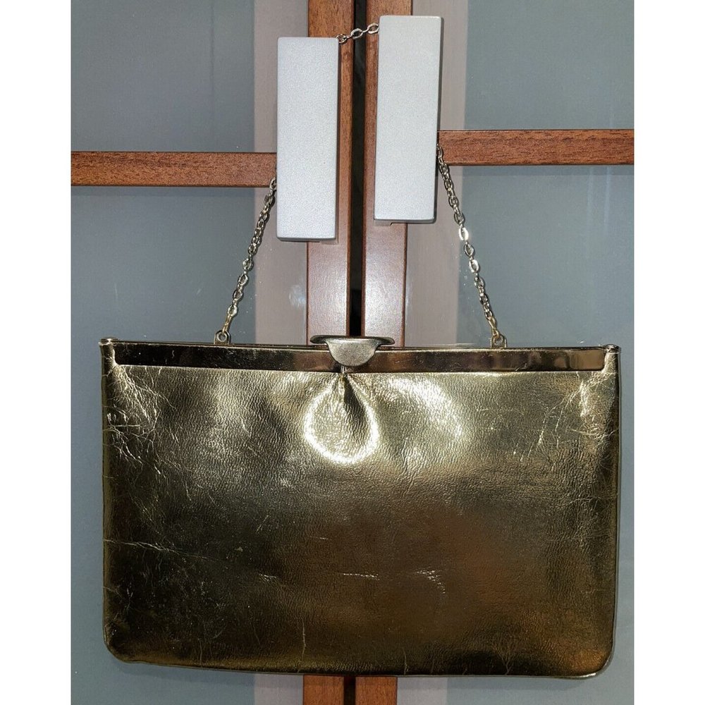 ETRA Vintage Gold Foil Leather Purse Clutch Convertible Handbag Gold Chain VTG
